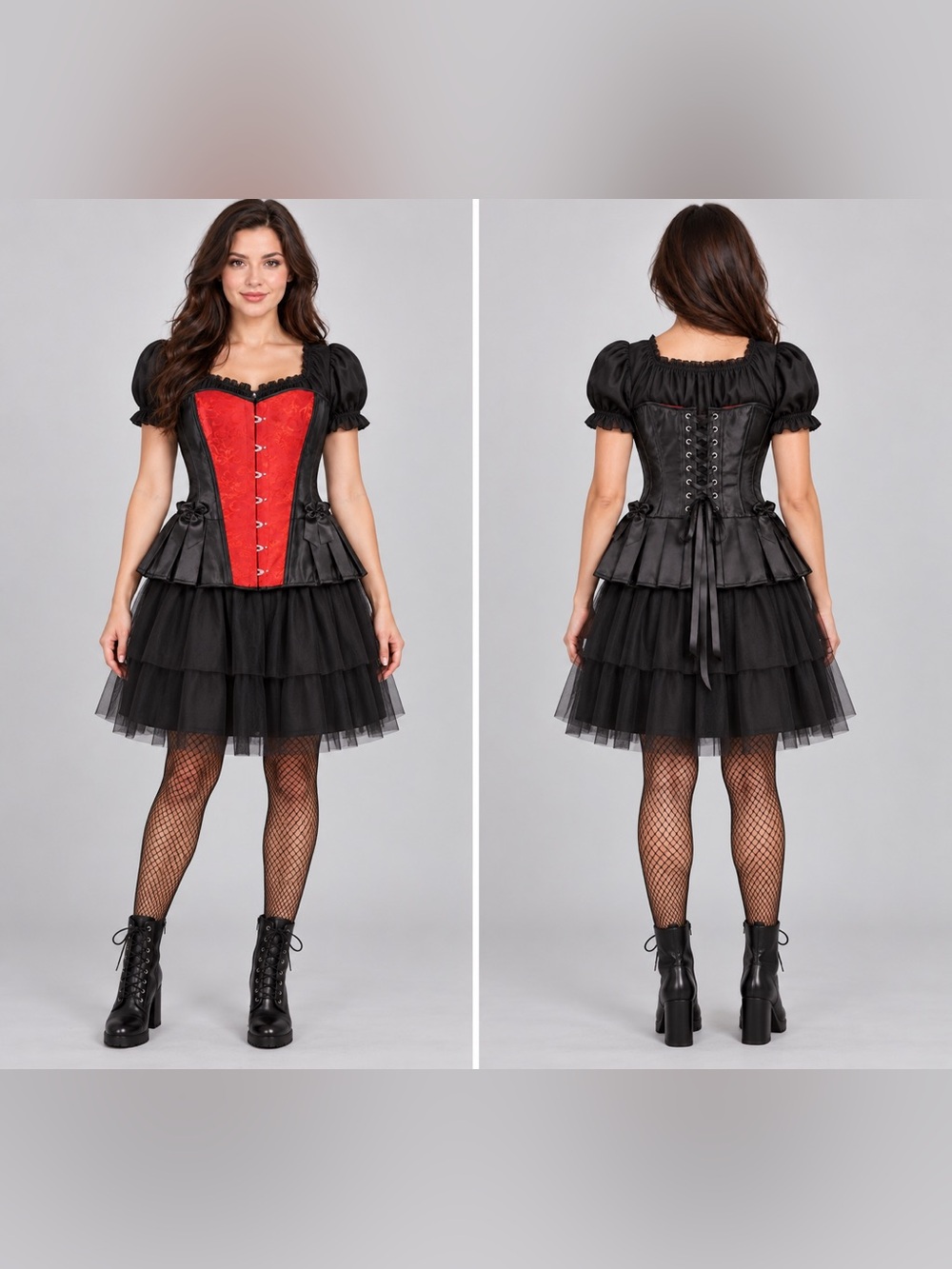 Red Black Brocade Overbust Corset Pleated Gothic Costume Size L